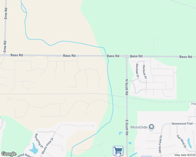 map of restaurants, bars, coffee shops, grocery stores, and more near 10401-11099 Bass Road in Fort Wayne