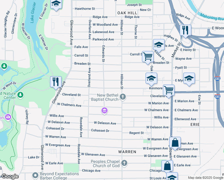 map of restaurants, bars, coffee shops, grocery stores, and more near 335 Kenmore Avenue in Youngstown