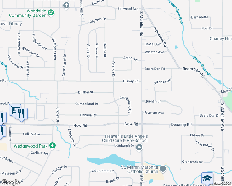 map of restaurants, bars, coffee shops, grocery stores, and more near 1263 Yolanda Drive in Youngstown
