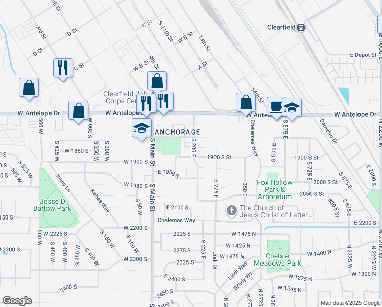 map of restaurants, bars, coffee shops, grocery stores, and more near 1896 South 200 East in Clearfield
