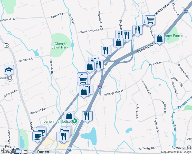 map of restaurants, bars, coffee shops, grocery stores, and more near 320 Post Road in Darien