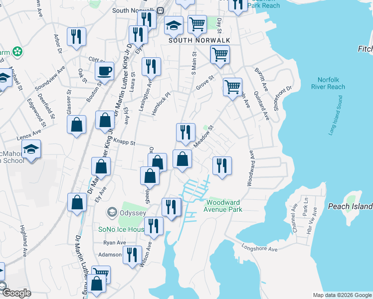 map of restaurants, bars, coffee shops, grocery stores, and more near 15 Meadow Street in Norwalk