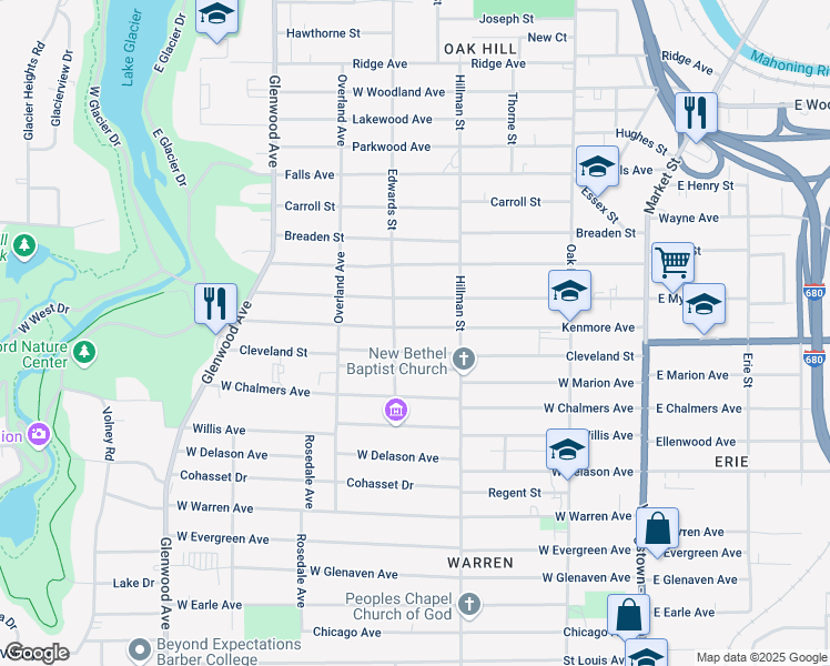 map of restaurants, bars, coffee shops, grocery stores, and more near 335 Kenmore Avenue in Youngstown
