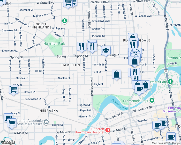 map of restaurants, bars, coffee shops, grocery stores, and more near 901 3rd St in Fort Wayne