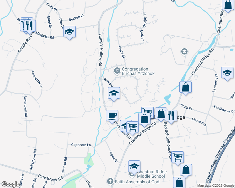 map of restaurants, bars, coffee shops, grocery stores, and more near 10 Raymond Avenue in Spring Valley