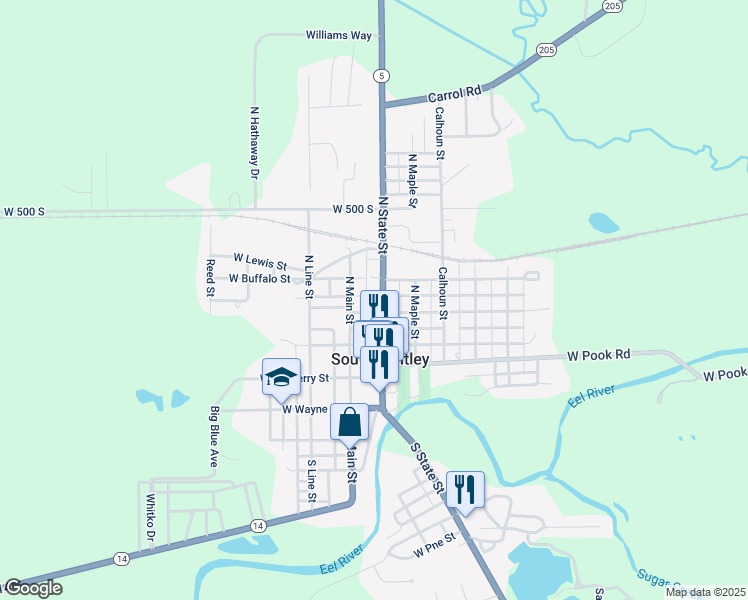 map of restaurants, bars, coffee shops, grocery stores, and more near 200-234 North Main Street in South Whitley