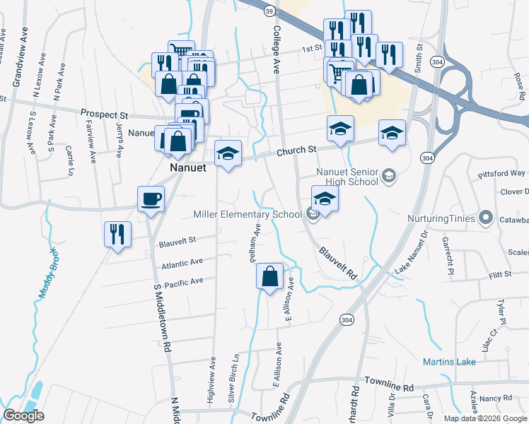 map of restaurants, bars, coffee shops, grocery stores, and more near 7 Pelham Avenue in Nanuet