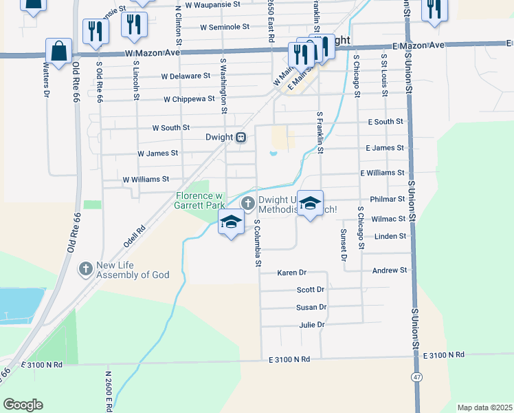 map of restaurants, bars, coffee shops, grocery stores, and more near 801 South Columbia Street in Dwight