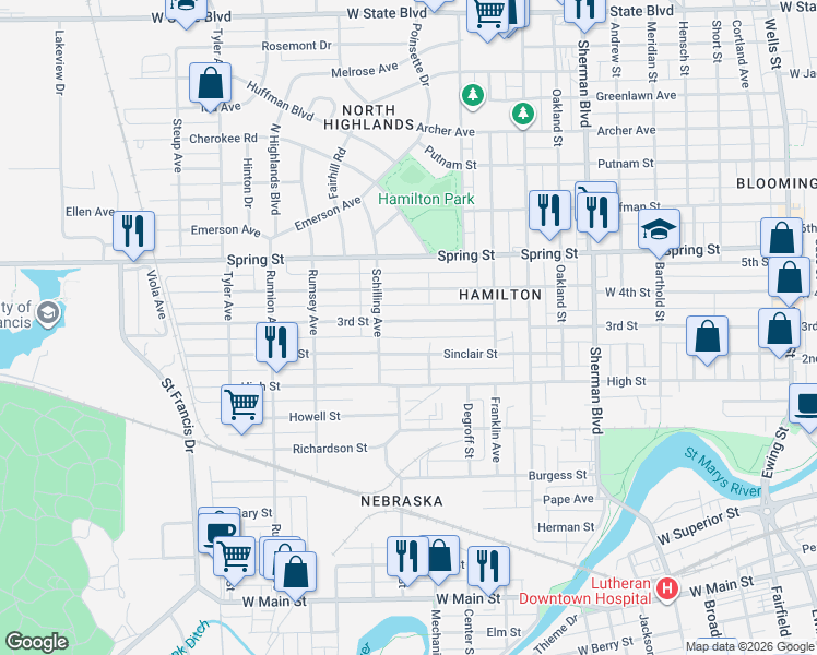 map of restaurants, bars, coffee shops, grocery stores, and more near 1433 3rd Street in Fort Wayne