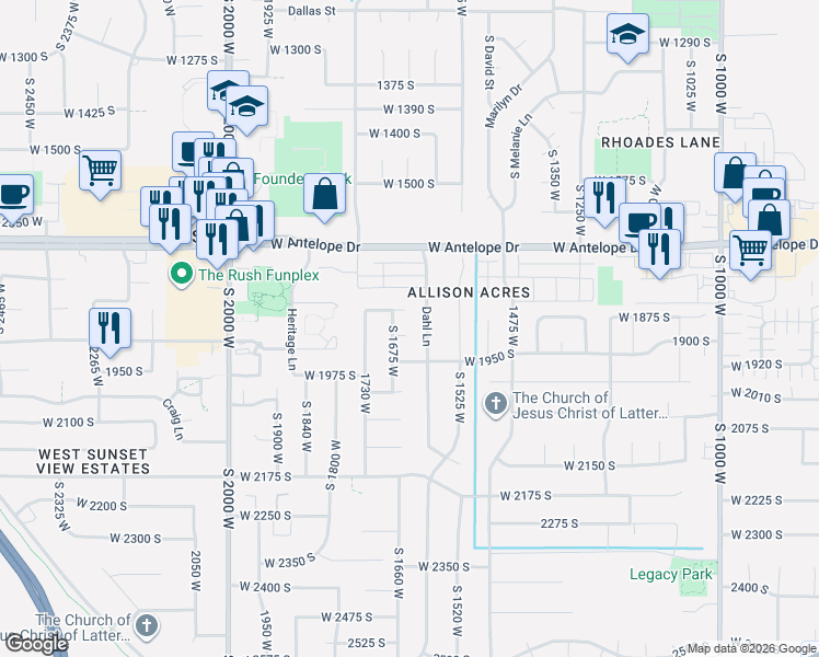 map of restaurants, bars, coffee shops, grocery stores, and more near 1640 1890 South in Syracuse