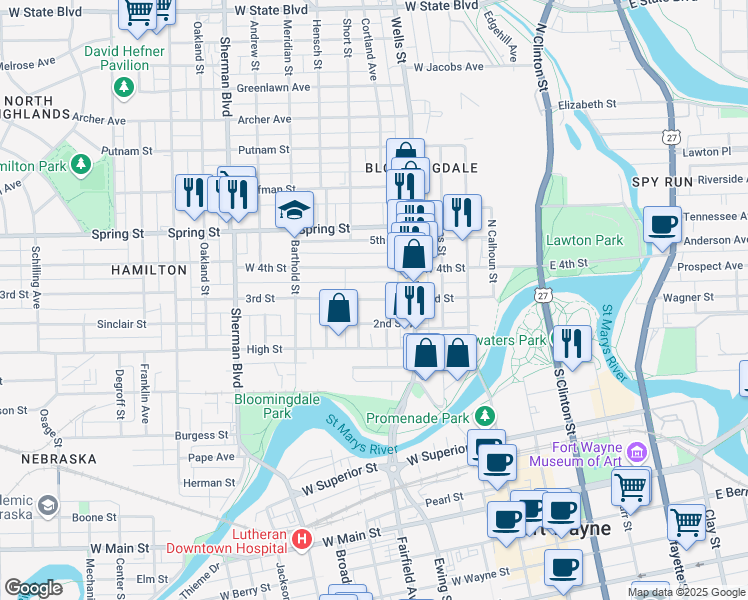 map of restaurants, bars, coffee shops, grocery stores, and more near 545 3rd Street in Fort Wayne