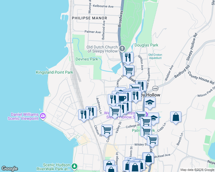 map of restaurants, bars, coffee shops, grocery stores, and more near 68 Howard Street in Sleepy Hollow