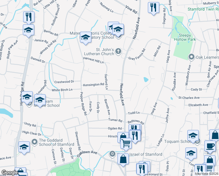 map of restaurants, bars, coffee shops, grocery stores, and more near 35 Sanford Lane in Stamford