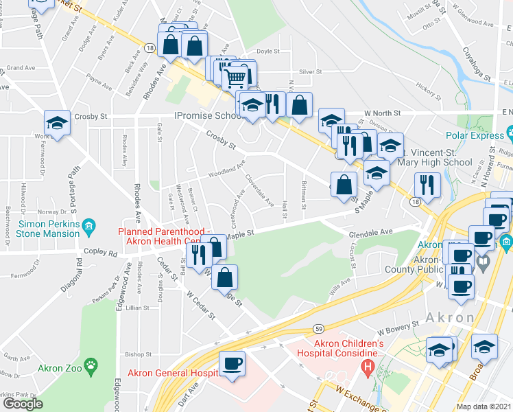 map of restaurants, bars, coffee shops, grocery stores, and more near 347 Crown Street in Akron