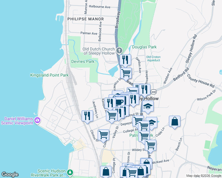 map of restaurants, bars, coffee shops, grocery stores, and more near 41 Howard Street in Sleepy Hollow