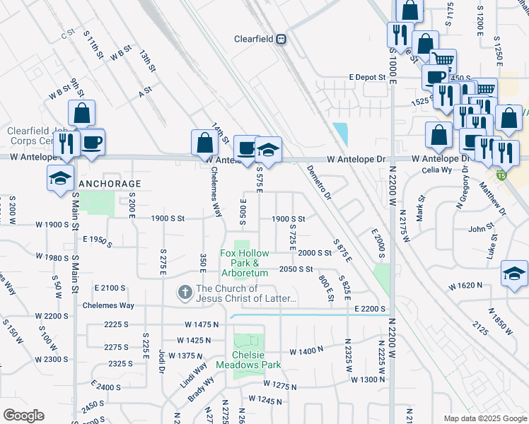 map of restaurants, bars, coffee shops, grocery stores, and more near 1881 South 650 East in Clearfield