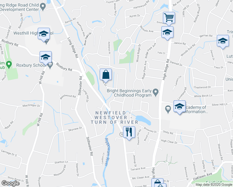 map of restaurants, bars, coffee shops, grocery stores, and more near 49 Three Lakes Drive in Stamford