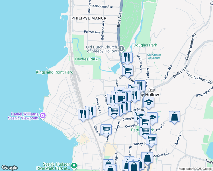 map of restaurants, bars, coffee shops, grocery stores, and more near 68 Howard Street in Sleepy Hollow