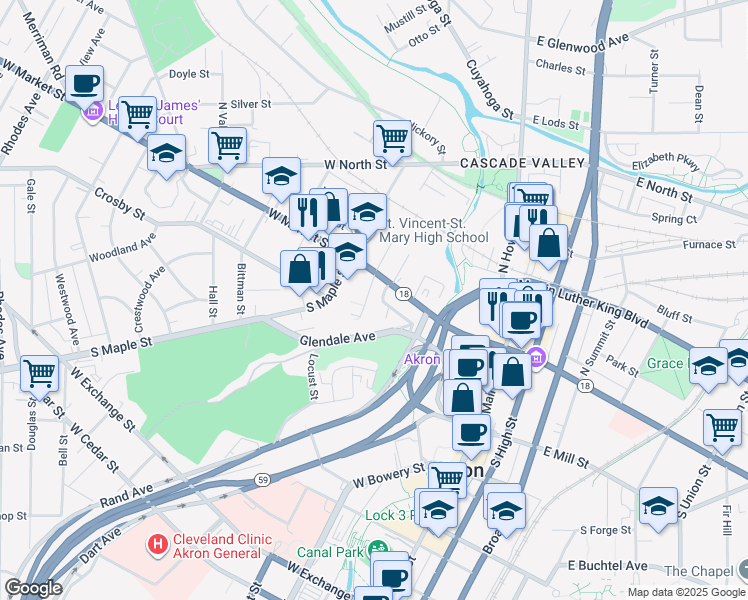 map of restaurants, bars, coffee shops, grocery stores, and more near 4 South Bates Street in Akron