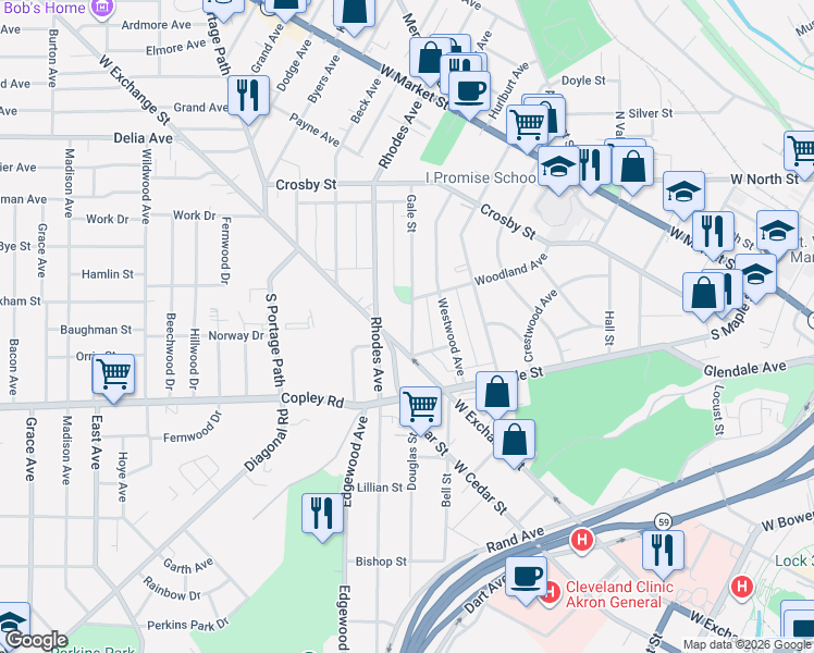 map of restaurants, bars, coffee shops, grocery stores, and more near 239 Gale Street in Akron