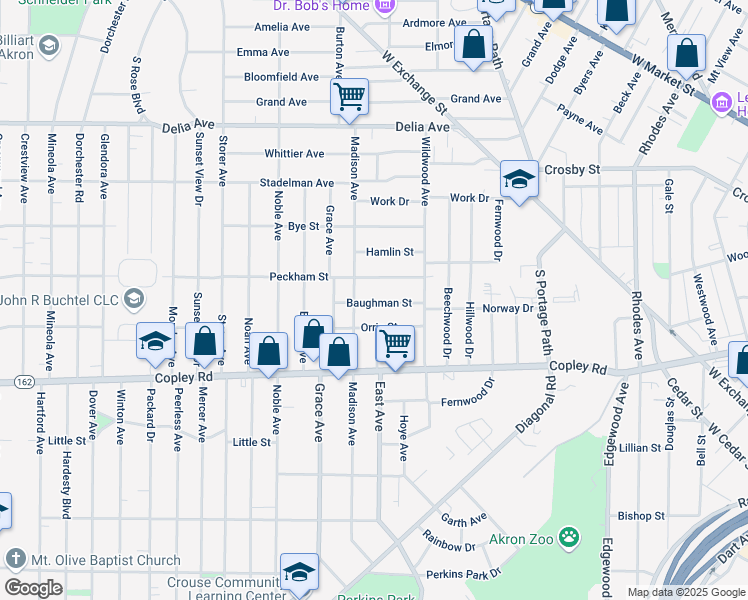 map of restaurants, bars, coffee shops, grocery stores, and more near 944 Baughman Street in Akron