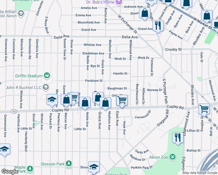 map of restaurants, bars, coffee shops, grocery stores, and more near 944 Baughman Street in Akron