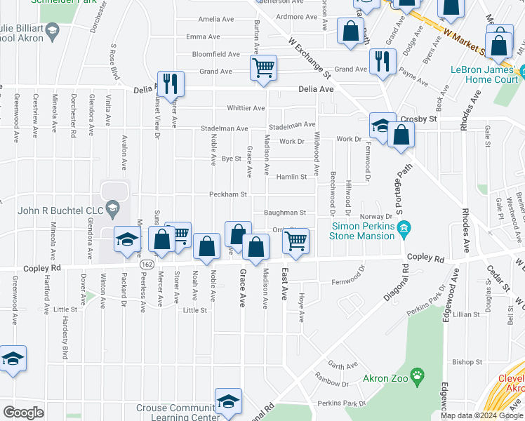 map of restaurants, bars, coffee shops, grocery stores, and more near 944 Baughman Street in Akron