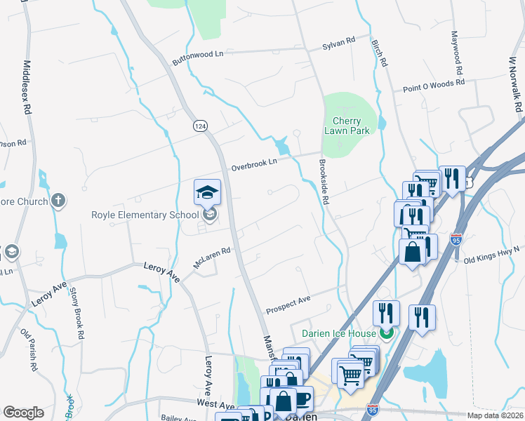 map of restaurants, bars, coffee shops, grocery stores, and more near 11 Sunset Road in Darien