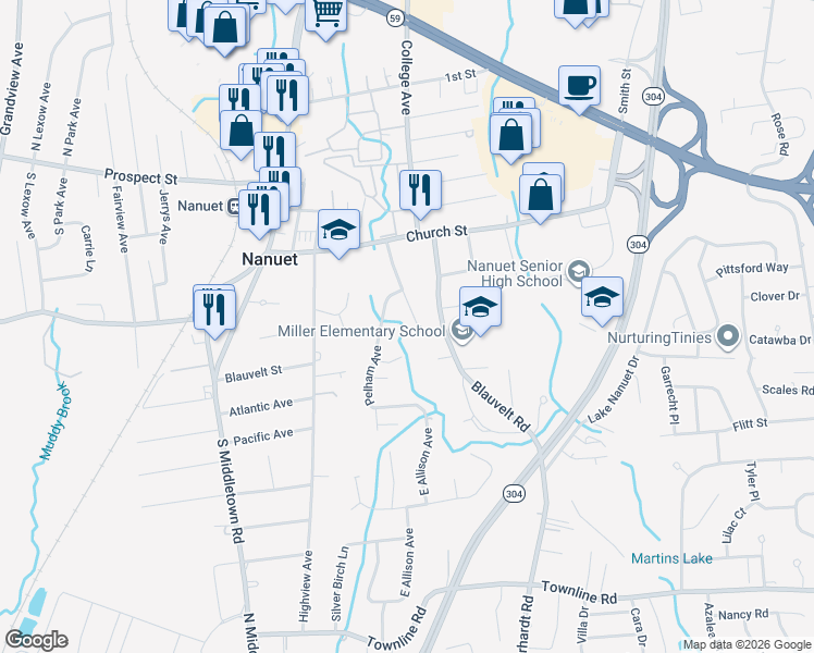 map of restaurants, bars, coffee shops, grocery stores, and more near 7 Pelham Avenue in Nanuet
