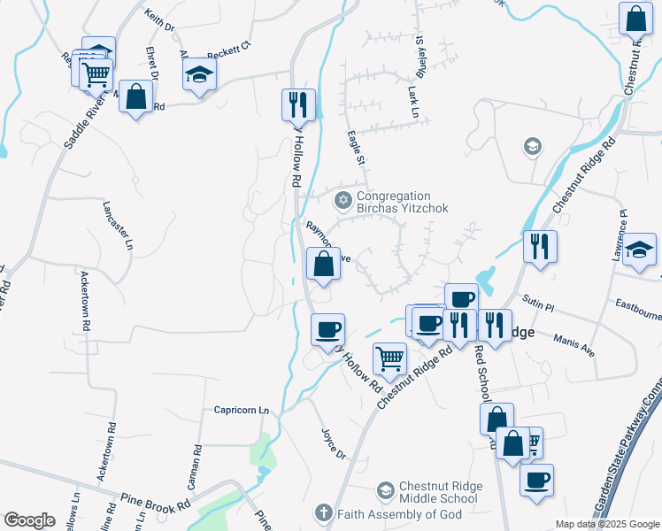 map of restaurants, bars, coffee shops, grocery stores, and more near 10 Raymond Avenue in Spring Valley