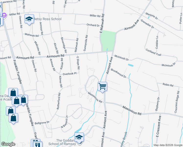 map of restaurants, bars, coffee shops, grocery stores, and more near 1498 Cornwall Road in Mahwah