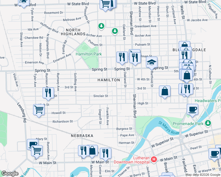 map of restaurants, bars, coffee shops, grocery stores, and more near 1117 3rd Street in Fort Wayne