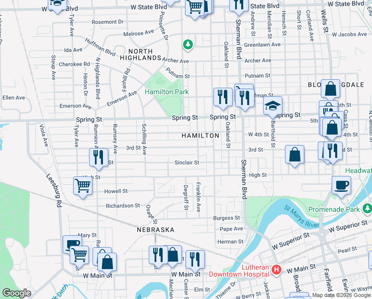 map of restaurants, bars, coffee shops, grocery stores, and more near 1225 3rd Street in Fort Wayne