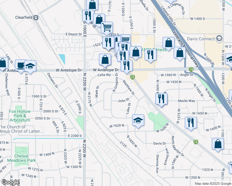 map of restaurants, bars, coffee shops, grocery stores, and more near 1954 West Ann Street in Layton