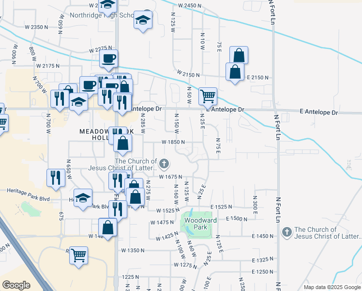 map of restaurants, bars, coffee shops, grocery stores, and more near 111 West 1850 North in Layton