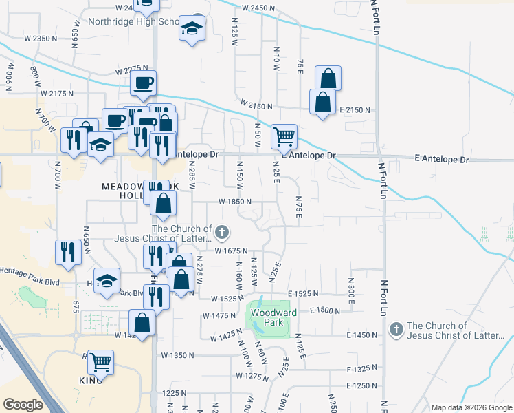 map of restaurants, bars, coffee shops, grocery stores, and more near 61 West 1850 North in Layton