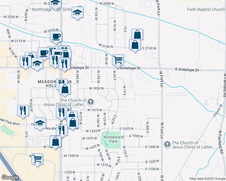 map of restaurants, bars, coffee shops, grocery stores, and more near 9 West 1850 North in Layton