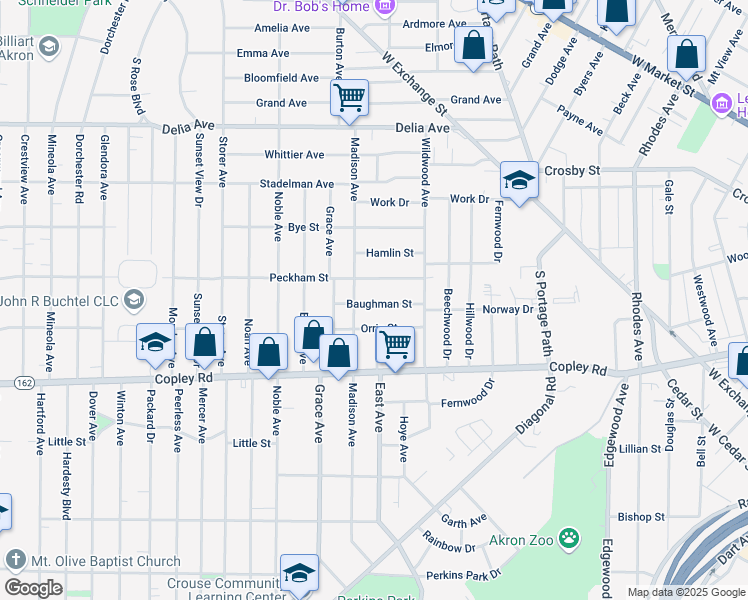 map of restaurants, bars, coffee shops, grocery stores, and more near 944 Baughman Street in Akron