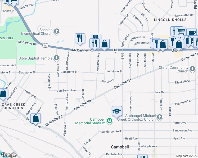 map of restaurants, bars, coffee shops, grocery stores, and more near 83 Woodland Ave in Campbell