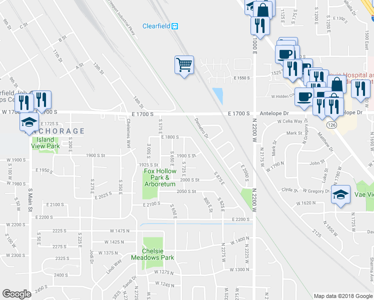 map of restaurants, bars, coffee shops, grocery stores, and more near 1877 South 725 East in Clearfield