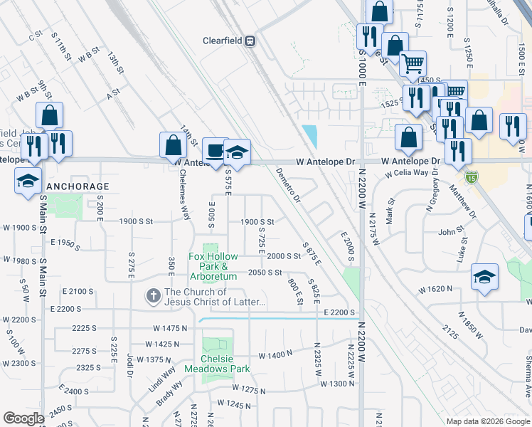 map of restaurants, bars, coffee shops, grocery stores, and more near 1877 South 725 East in Clearfield