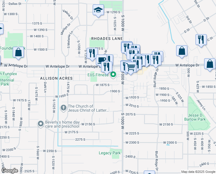 map of restaurants, bars, coffee shops, grocery stores, and more near 1153 West 1875 South in Syracuse