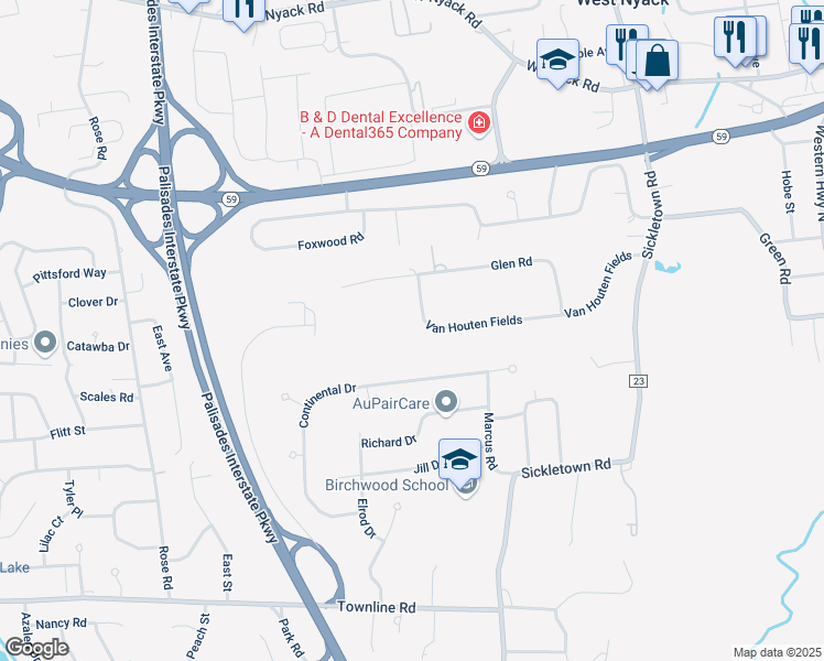 map of restaurants, bars, coffee shops, grocery stores, and more near 113 Van Houten Fields in West Nyack