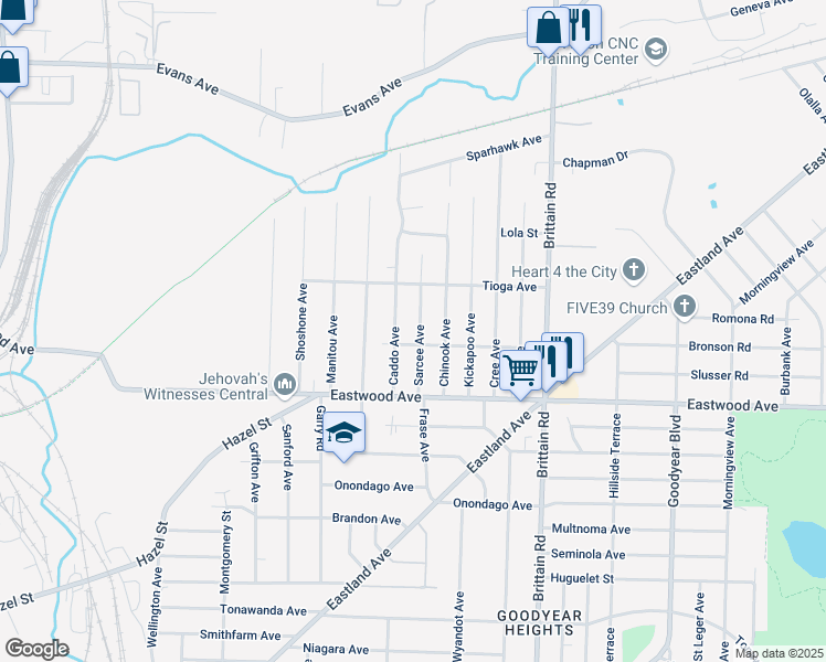 map of restaurants, bars, coffee shops, grocery stores, and more near 801 Caddo Avenue in Akron