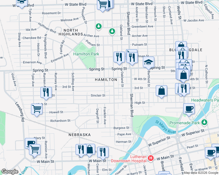 map of restaurants, bars, coffee shops, grocery stores, and more near 1117 3rd Street in Fort Wayne