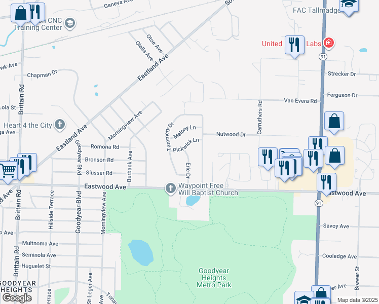 map of restaurants, bars, coffee shops, grocery stores, and more near 530 Eric Drive in Tallmadge