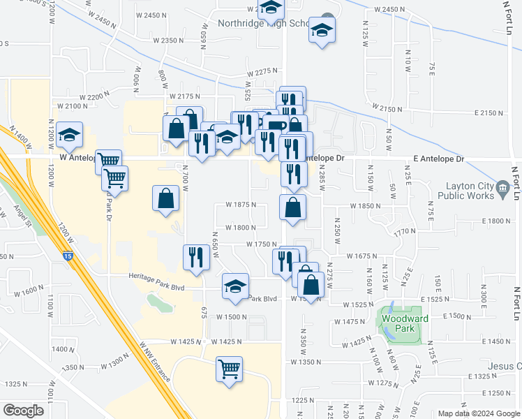 map of restaurants, bars, coffee shops, grocery stores, and more near 467 West 1875 North in Layton