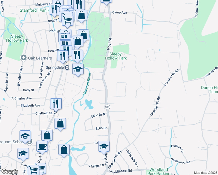 map of restaurants, bars, coffee shops, grocery stores, and more near 123 Hoyt Street in Darien