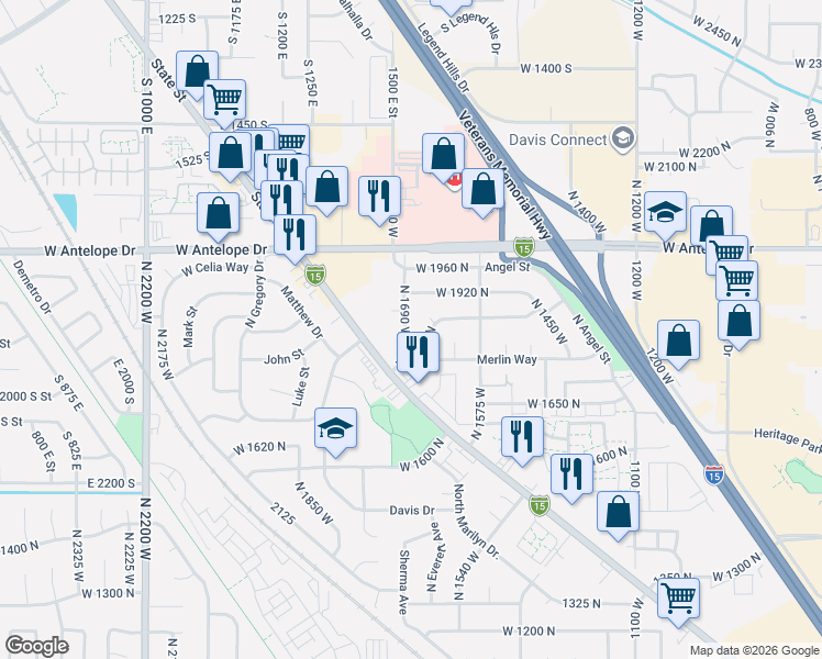 map of restaurants, bars, coffee shops, grocery stores, and more near 1838 North 1690 West in Layton