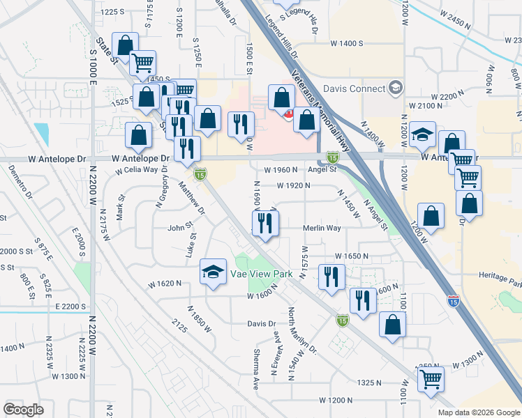 map of restaurants, bars, coffee shops, grocery stores, and more near 1660 West 1850 North in Layton